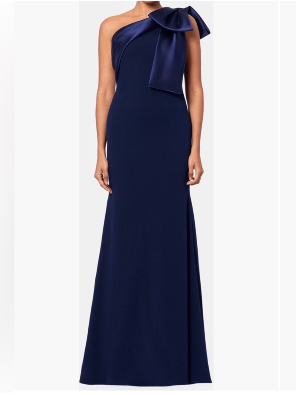 Betsy & Adam Carmela Bow One Shoulder Crepe Mermaid Gown Maxi Dress Navy Blue